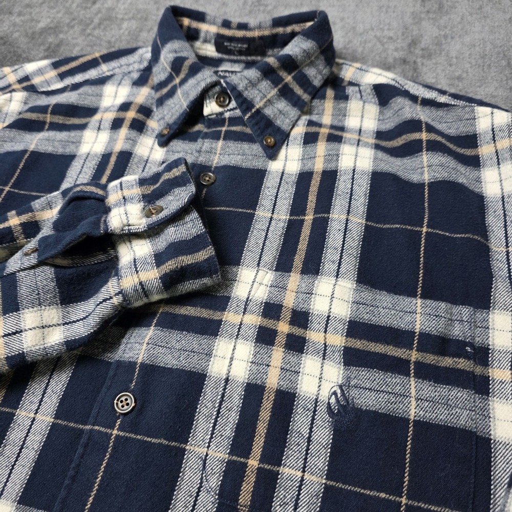 Vtg Nautica Plaid Flannel Shirt Mens Large Navy Blue White Cotton Boat Outdoor L
